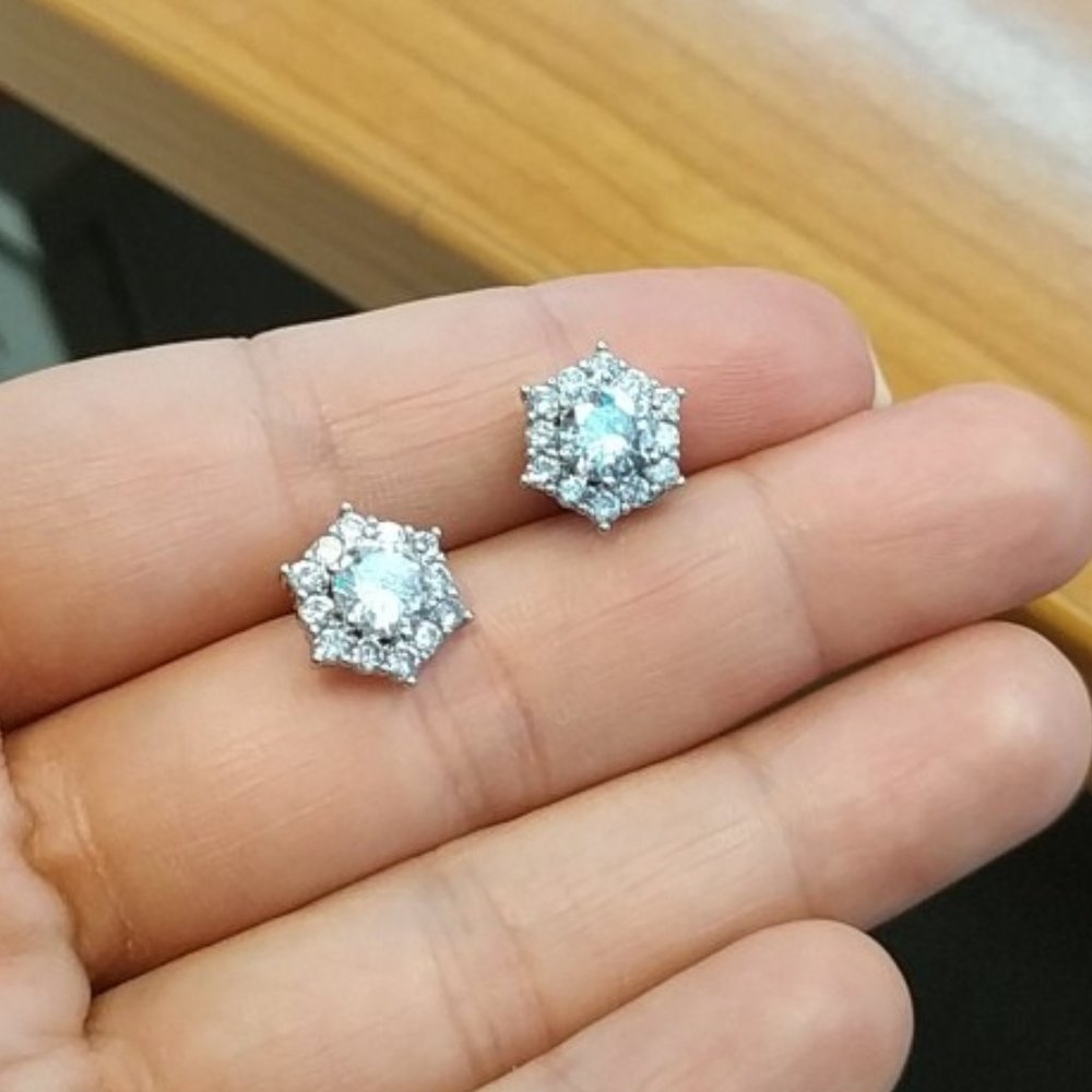 NEW Hexagon Cut Diamond Halo Silver Stud Earrings - Picture 3 of 6